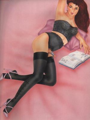 chastised transvestite relaxes in high heels with a  book.