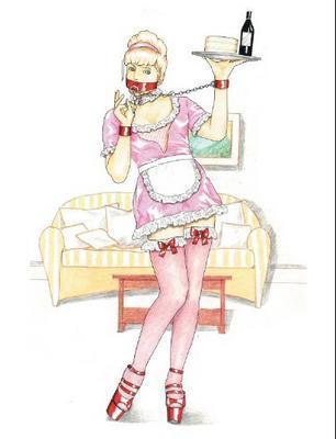 sissy maid in pink sissy dress srving wine and cake