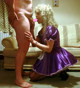 picture os sissy maid in purple dress sucking cock courtesy of Michael’s Sin, Sex & Pleasure: Cuckolding